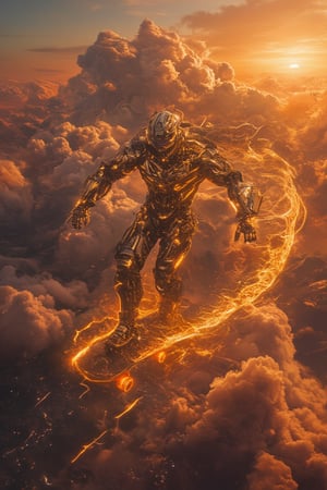 Full body shot photo of A majestic tokusatsu armour, Bobotflux skateboarder with radiant holographic limbs arcs off a sleek ramp, soaring through a futuristic cloudscape at Sunset. From a high-angle aerial vantage, the camera captures the robot's glowing body and vibrant trails left by the skateboard, as golden light bathes its frame. Wheels ablaze, the robot bursts forth in dynamic motion. Holographic city towers and distopi wisps blur in the background, emphasizing the acrobatic feat. The serene sunset sky complements the calm-yet-dynamic atmosphere.,