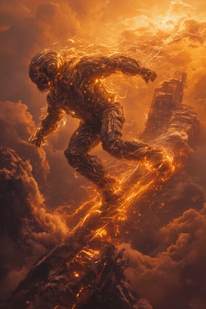 Full body shot photo of A majestic cybernetic Bobotflux skateboarder with radiant holographic limbs arcs off a sleek ramp, soaring through a futuristic cloudscape at Sunset. From a high-angle aerial vantage, the camera captures the robot's glowing body and vibrant trails left by the skateboard, as golden light bathes its frame. Wheels ablaze, the robot bursts forth in dynamic motion. Holographic city towers and distopi wisps blur in the background, emphasizing the acrobatic feat. The serene sunset sky complements the calm-yet-dynamic atmosphere.,