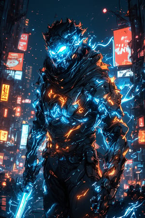 A low-angle shot captures a futuristic Bobotflux armored warrior standing tall amidst a cyberpunk cityscape at night. The warrior's glowing blue and orange armor design radiates faiya energy as he firmly grips his charged blue sword, reflecting vibrant neon lights from the city below. Harsh lighting accentuates the metallic surface, while blurred billboards and city lights in the background create a focused frame on the warrior's determined stance. Amidst this futuristic landscape, the neon-lit night sky shines bright, casting a mesmerizing glow over the scene.,,