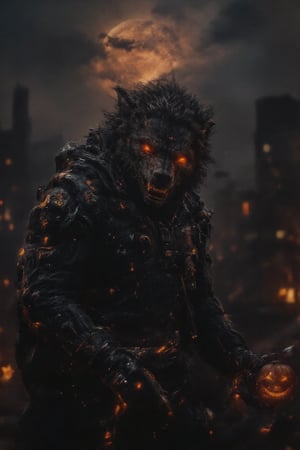 A cybernetic werewolf infused with shadowy, distopi mystical energy, towering menacingly in a dark, dystopian street. Its body is an intricate fusion of biomechanical parts and ancient dark armor, with its fur interwoven with glowing circuitry that pulses like veins of dark energy. The werewolf’s glowing red eyes pierce through the shadows, while its metallic claws gleam under the dim streetlights. Wreathed in ethereal, wispy shadows and embers, the werewolf commands a presence both mechanical and otherworldly. Its cape-like metal cloak flows unnaturally, as if alive, echoing the eerie energy surrounding it. The setting features towering gothic structures adorned with cyber runes, and the sky looms heavy with dark clouds.In one hand, the werewolf holds a jagged mechanical staff adorned with ancient symbols that glow ominously, while its other hand grips a glowing holographic pumpkin head, floating beside it, casting a faint, pulsating light. The full moon, high in the sky, emanates a red, corrupted glow that bathes the entire scene in an ominous light, reminiscent of a dark ritual. This cybernetic werewolf is not just a creature of primal fury but an embodiment of mystical technological horror, caught between worlds of magic and machine.,RAW,