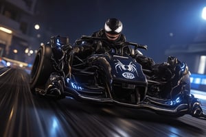 Racing lines blurred, tires screeching on asphalt, magicalchalk Venom's symbiote- enhanced F1 car hurtles down the darkened track, neon lights strobing like razor-sharp claws across his menacing visage. Black racing gear glistens with sweat as he grips the wheel, tendrils snaking around the carbon fiber chassis to amplify speed and power. The nighttime atmosphere is electric, casting dramatic shadows on Venom's imposing figure as he takes the lead in a frenzy of high-octane action.,badass3d