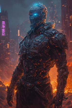  A futuristic skyline of a dystopian metropolis, illuminated by flickering neon signs and holograms, with shattered glass and heaps of debris scattered across the landscape.
Bobotflux robot fused with ,distopi Sandman, a cybernetically enhanced metahuman, stands stoically, metallic veins running along his arms. His hands release a violent surge of glowing, swirling cybernetic sands, a mix of bright turquoise and electric orange.His eyes flicker with neon blue light, matching the city's faded glow, while the sharp, angular lines on his face highlight his rugged, yet futuristic, appearance.The neon lights cast long, eerie shadows as his swirling sands cut through the air, creating a surreal yet gritty ambiance.