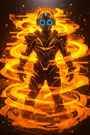 In a gritty, industrial backdrop with warm, glowing kunangkuning hues, Bobotflux, the futuristic warrior, stands tall, exuding confidence. His high-tech armor gleams with intricate golden details, while round goggles reflect blue light in a faiya style. Swirling flames encircle his arms in fiery arcs, as he assumes a determined pose. The intense lighting accentuates his resolute expression and the metallic sheen of his armor, conveying dynamic motion and power.,Fantasy detailers,Fantasy detailers 