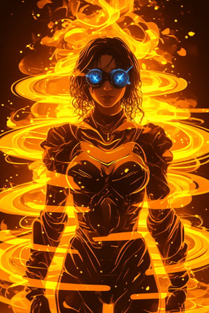 In a gritty, industrial backdrop with warm, glowing kunangkuning hues, Bobotflux, the futuristic warrior, stands tall, exuding confidence. His high-tech armor gleams with intricate golden details, while round goggles reflect blue light in a faiya style. Swirling flames encircle his arms in fiery arcs, as he assumes a determined pose. The intense lighting accentuates his resolute expression and the metallic sheen of his armor, conveying dynamic motion and power.,Fantasy detailers,Fantasy detailers 