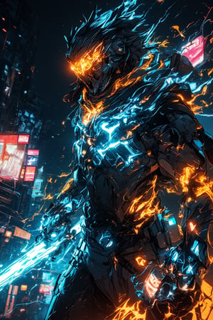 A low-angle shot captures a futuristic Bobotflux armored warrior standing tall amidst a cyberpunk cityscape at night. The warrior's glowing blue and orange armor design radiates faiya energy as he firmly grips his charged blue sword, reflecting vibrant neon lights from the city below. Harsh lighting accentuates the metallic surface, while blurred billboards and city lights in the background create a focused frame on the warrior's determined stance. Amidst this futuristic landscape, the neon-lit night sky shines bright, casting a mesmerizing glow over the scene.,,