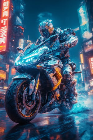 A low-angle shot captures a futuristic kamen rider Bobotflux armored warrior riding on a bike,reda tall amidst a cyberpunk cityscape at night. The warrior's glowing blue and orange armor design radiates energy as he firmly grips his charged blue sword, reflecting vibrant neon lights from the city below. Harsh lighting accentuates the metallic surface, while blurred billboards and city lights in the background create a focused frame on the warrior's determined stance. Amidst this futuristic landscape, the neon-lit night sky shines bright, casting a mesmerizing glow over the scene.,,