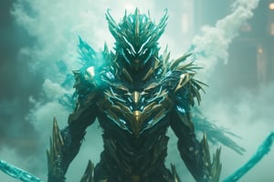 RAW, photorealistic image of Bobotflux fused with tennogen armour, creamic intricate design, superhero tokusatsu in teal and gold colour, releasing ethereal glow, glowing eyes,  swinging his swords elegantly, inside the mist, surreal