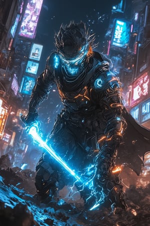 A low-angle shot captures a futuristic Bobotflux armored warrior standing tall amidst a cyberpunk cityscape at night. The warrior's glowing blue and orange armor design radiates faiya energy as he firmly grips his charged blue sword, reflecting vibrant neon lights from the city below. Harsh lighting accentuates the metallic surface, while blurred billboards and city lights in the background create a focused frame on the warrior's determined stance. Amidst this futuristic landscape, the neon-lit night sky shines bright, casting a mesmerizing glow over the scene.,,