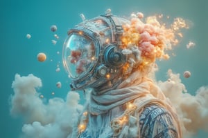 A surrealistic portrait of akak, a stunning surreallofi woman with a headset, levitates serenely amidst a veil of cloudy mist. Soft focus captures her ethereal features, illuminated by an otherworldly glow. The misty background, painted with hues of blue and gray, creates a dreamlike atmosphere, as if she's floating in a realm between reality and fantasy.