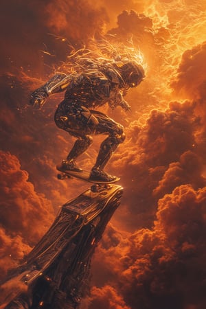 Full body shot photo of A majestic cybernetic Bobotflux skateboarder with radiant holographic limbs arcs off a sleek ramp, soaring through a futuristic cloudscape at Sunset. From a high-angle aerial vantage, the camera captures the robot's glowing body and vibrant trails left by the skateboard, as golden light bathes its frame. Wheels ablaze, the robot bursts forth in dynamic motion. Holographic city towers and distopi wisps blur in the background, emphasizing the acrobatic feat. The serene sunset sky complements the calm-yet-dynamic atmosphere.,