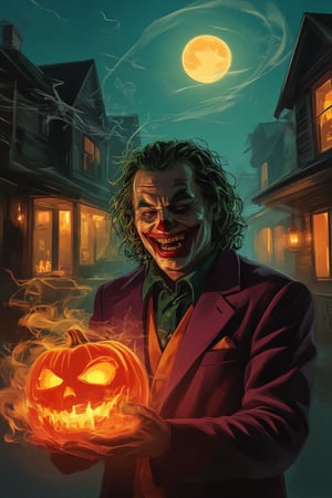 A haunting kunangkuning Halloween scene: A fog-shrouded Victorian street is bathed in an eerie orange glow from flickering Jack-o'-lanterns and dim lamps. The aurastroke Joker's menacing figure emerges, his purple suit stark against the misty backdrop. His twisted grin is illuminated by a glowing pumpkin as he prowls, his wild green hair and grotesque makeup giving him an otherworldly presence. Cobweb-covered houses loom in the distance, their windows adorned with eerie decorations. A full moon casts a cold glow above, as fog swirls around the Joker's feet. His maniacal laughter echoes through the quiet night, his chaotic energy blending with the spooky atmosphere.,