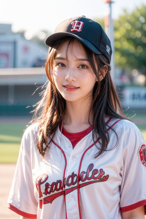 Beautiful Korean girl, 16 years old, brown hair wearing baseball cap, (high ponytail, straight hair), very tight white and red baseball uniform, rural background, glowing skin, confident smile, standing, best quality, masterpiece, ultra high resolution, (Photorealistic: 1.4), original photo, 32k, realistic, ultra detailed, fine details, high resolution, perfect dynamic composition, beautiful detailed eyes, sharp focus, full body, smiling,
