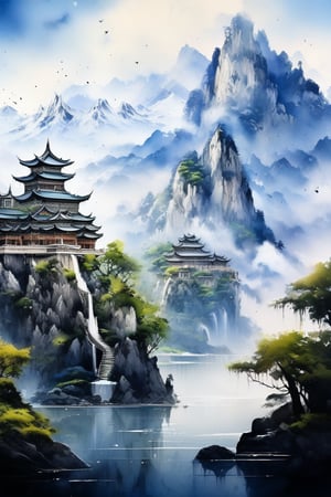 Extremely beautiful landscape of a palace between two mountains, masterpiece quality, 4k, stunning image, ink droplets and brushstrokes. 