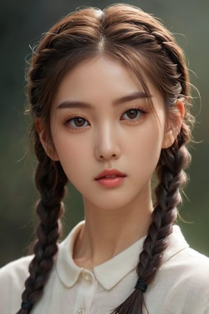 ((Masterpiece)), ((Best Quality)), (((Photorealistic))), A fascinating fantasy portrait depicting a stunning powerful young Korean female model, she has a pair of braids hairstyle, wearing fashionable and stylish clothes, with a hint of Japanese and Korean beautiful schoolgirl flavor, innocent, lively, pure, cute, and cute. Enhanced photos, photo, fashion, portrait photography, fantasy,