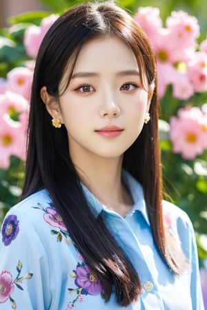 1 beautiful east asian girl, solo, detailed eyes, blink and youll miss it detail, silk shirt, outdoors, flower garden, high quality, floral background, very detailed,wonder beauty ,Enhance,JeeSoo ,16k