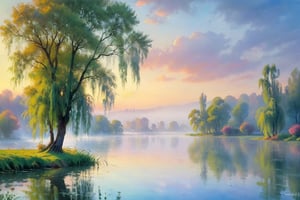 A lake covered by heavy mist and smoke. A weeping willow tree stands near the edge of the lake. Tree bends down to lake and its branches touches to the lake. Sky is cloudy. [romantic impressionism,dream scenery art,beautiful oil matte painting,romantic,style of thomas kinkade,beautiful digital painting,anime landscape,romantic painting,dreamlike digital painting,colorful painting,beautiful gorgeous digital art,style of greg rutkowski,janek sedlar,jenny saville:0]