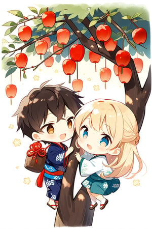 kids , Two children of eight or nine years old, (one boy and one girl), The boy climbed up to the tall jujube tree and picked dates for her. The girl looked at the boy in admiration under the tree.Pretty,chibi,japan