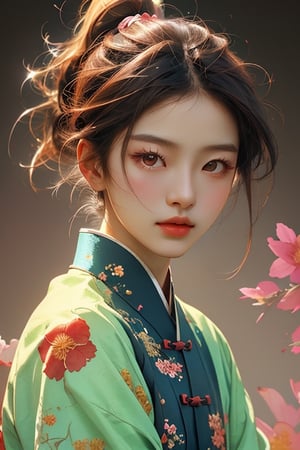 Portrait of a beautiful Chinese girl with short brown hair and a short high ponytail. Bizarre, floral, glowing, ethereal background, realistic, high resolution, 16K, r1ge, Detailedface