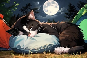 a normal girl sleeping with a cat with eyes closed, very cozy, cute, moonlight, soft, sleepy dark cat, brown and black fur, cat with fur that is messy and looks a bit ugly but cute, camping, fire