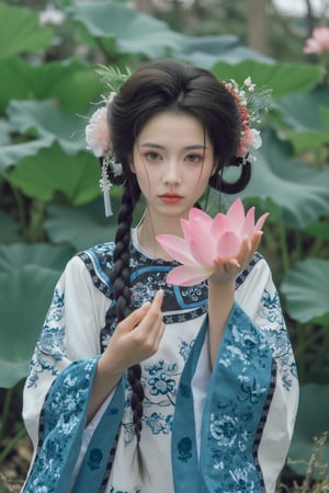 1girl,solo ,XxiaoxunerX,Hanfu girl, lotus, Yunnan ancient town street,Xqinhanfu,Xhuijin,Xhuolinger