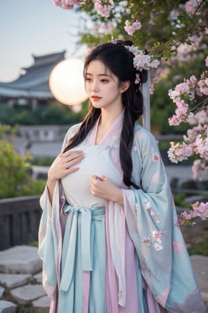 (masterpiece, best quality:1.2), highres, extremely detailed, 1 girl, purple hair, eye highlights,BREAK,(light color hanfu dress:1.39), frills, outdoors, flower, fluttering petals, upper body, depth of field,pastel color, Depth of field,garden of the sun,shiny,flowers, garden, 1girl, butterfly style, butterflies, ultra detailed, glary,Light, light particles,glitter,reflect,,(big breasts:1.68),Xyunxiao,(full moon:1.29),waterfall 