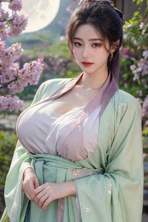 (masterpiece, best quality:1.2), highres, extremely detailed, 1 girl, purple hair, eye highlights,BREAK,(light green hanfu dress:1.39), frills, outdoors, flower, fluttering petals, upper body, depth of field,pastel color, Depth of field,garden of the sun,shiny,flowers, garden, 1girl, butterfly style, butterflies, ultra detailed, glary,Light, light particles,glitter,reflect,,(big breasts:1.69),Xyunxiao,(full moon:1.29),waterfall 