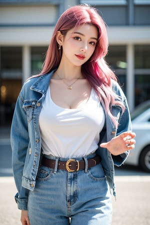 A young woman with vibrant pink hair and long locks framing her heart-shaped face. She gazes directly at the viewer, a warm smile spreading across her closed-mouthed lips. Her green eyes sparkle as she wears a white shirt with a jacket open to reveal a belt and necklace. A bag slung over her shoulder, she stands confidently, her denim jacket worn over a blue one, creating a sense of depth and texture in the blurred background.,Xyunxiao,(big breasts:1.69),Ziling