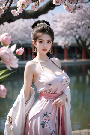 Masterpiece, Best Quality,young and beautiful Chinese girl wearing a cheongsam with coiled hair,wearing vintage Chinese earrings, (big breasts:1.45),1girl, half, (Masterpiece:1.2), best quality,arien_hanfu, 1girl, (spring scene:1.59), (red hanfu dress:1.29),looking_at_viewer, (big breasts:1.69),Young beauty spirit,(The background is the Forbidden City1.39),Xyunxiao,(Large aperture, blurred background, spring scene, peony flowers:1.39)