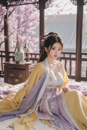 (masterpiece, best quality:1.2),1girl, solo, long hair, black hair,Hairpins,necklace, hair ornament, dress, full body, (huge breasts:2.29), (full breasts:1.69),flower, earrings, indoors, hair bun, (light purple-yellow dress:1.29),(Tube top Hanfu long skirt:1.1), pillow, bed, night, chinese clothes, table, branch,daxiushan, ,daxiushan style,(huge breasts:2.39), (full breasts:1.79), realistic,hanfu, daxiushan,Shoulders are exposed, , daxiushan, arien_hanfu, FilmGirl,,Xyunxiao,weijin_hanfu,Xningyudie