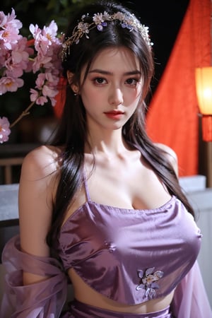   (masterpiece, best quality:1.2),1girl, navel, solo, midriff, bare shoulders, lantern, hair ornament, flower, hair flower, paper lantern, black hair, red lips, looking at viewer, chinese clothes, (light purple dress:1.29), purple eyes,blurry, solo focus, long hair, lips, night, lipstick, outdoors, upper body, blurry,(huge breasts:1.46), background, solo, makeup, hair bun,Xyunxiao,full moon