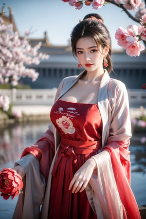 Masterpiece, Best Quality,young and beautiful Chinese girl wearing a cheongsam with coiled hair,wearing vintage Chinese earrings, (big breasts:1.45),1girl, half, (Masterpiece:1.2), best quality,red arien_hanfu, 1girl, (spring scene:1.59), (red hanfu dress:1.52),looking_at_viewer, (big breasts:1.69),Young beauty spirit,(The background is the Forbidden City1.39),Xyunxiao,(Large aperture, blurred background, spring scene, peony flowers:1.39)