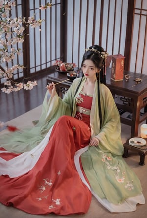 (masterpiece, best quality:1.2),1girl, solo, long hair, black hair,Hairpins,necklace, hair ornament, dress, full body, flower, earrings, indoors, hair bun, (red-green dress:1.23),(Tube top Hanfu long skirt:1.1), pillow, bed, night, chinese clothes, table, branch,daxiushan, ,daxiushan style,(huge breasts:1.99), (full breasts:1.59), realistic,hanfu, daxiushan,Shoulders are exposed, , daxiushan, arien_hanfu, FilmGirl,Xningyudie