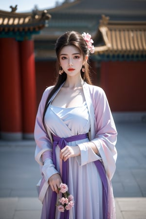 Masterpiece, Best Quality,young and beautiful Chinese girl wearing a cheongsam with coiled hair,wearing vintage Chinese earrings, (big breasts:1.39),1girl, half, (Masterpiece:1.2), best quality,arien_hanfu, 1girl, (pink flowers:1.29), (purple hanfu dress:1.29),looking_at_viewer, , (big breasts:1.53),Young beauty spirit,（The background is the Forbidden City1.39）,Xyunxiao