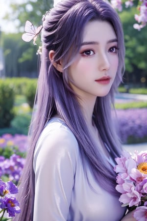 (masterpiece, best quality:1.2), highres, extremely detailed, 1 girl, purple hair, eye highlights,purple dress, frills, outdoors, flower, fluttering petals, upper body, depth of field,pastel color, Depth of field,garden of the sun,shiny,flowers, garden, 1girl, butterfly style, butterflies, ultra detailed, glary,Light, light particles,glitter,reflect,,(big breasts:1.39),Xyunxiao,Ziling