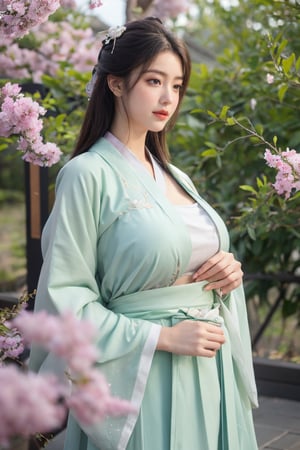 (masterpiece, best quality:1.2), highres, extremely detailed, 1 girl, purple hair, eye highlights,BREAK,(light green hanfu dress:1.39), frills, outdoors, flower, fluttering petals, upper body, depth of field,pastel color, Depth of field,garden of the sun,shiny,flowers, garden, 1girl, butterfly style, butterflies, ultra detailed, glary,Light, light particles,glitter,reflect,,(big breasts:1.69),Xyunxiao,(full moon:1.29),waterfall 