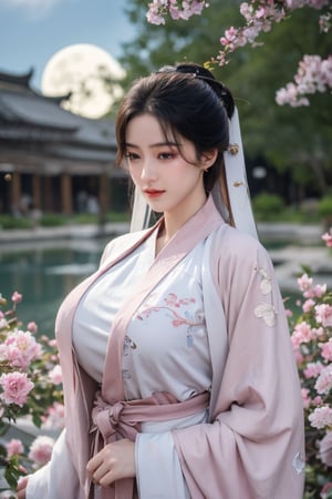 (masterpiece, best quality:1.2), highres, extremely detailed, 1 girl, very long hair, eye highlights,BREAK,(red hanfu dress:1.39), frills, outdoors, flower, fluttering petals, upper body, depth of field,pastel color, Depth of field,garden of the sun,shiny,flowers, garden, 1girl, butterfly style, butterflies, ultra detailed, glary,Light, light particles,glitter,reflect,,(big breasts:1.65),Xyunxiao,(full moon:1.39),waterfall 