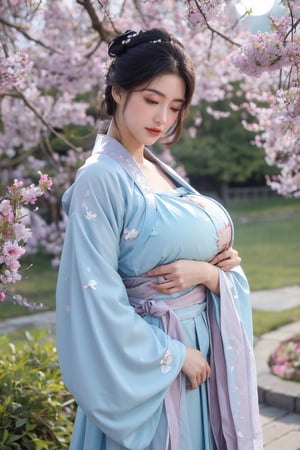 (masterpiece, best quality:1.2), highres, extremely detailed, 1girl, purple hair, eye highlights,BREAK,(light blue hanfu dress:1.39), frills, outdoors, flower, fluttering petals, upper body, depth of field,pastel color, Depth of field,(garden of the sun,shiny,flowers, garden, 1girl, butterfly style, butterflies:1.23), ultra detailed, glary,Light, light particles,glitter,reflect,(big breasts:1.69),Xyunxiao,(full moon:1.39),waterfall 