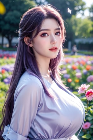 (masterpiece, best quality:1.2), highres, extremely detailed, 1 girl, purple hair, eye highlights,purple dress, frills, outdoors, flower, fluttering petals, upper body, depth of field,pastel color, Depth of field,garden of the sun,shiny,flowers, garden, 1girl, butterfly style, butterflies, ultra detailed, glary,Light, light particles,glitter,reflect,,(big breasts:1.39),Xyunxiao,sky_moon