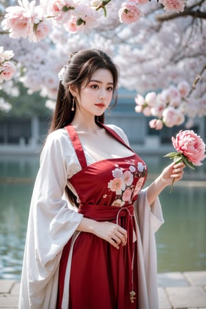 Masterpiece, Best Quality,young and beautiful Chinese girl wearing a cheongsam with coiled hair,wearing vintage Chinese earrings, (big breasts:1.45),1girl, half, (Masterpiece:1.2), best quality,arien_hanfu, 1girl, (spring scene:1.59), (light red hanfu dress:1.29),looking_at_viewer, (big breasts:1.69),Young beauty spirit,(The background is the Forbidden City1.39),Xyunxiao,(Large aperture, blurred background, spring scene, peony flowers:1.39)