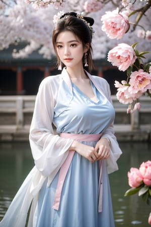 Masterpiece, Best Quality,young and beautiful Chinese girl wearing a cheongsam with coiled hair,wearing vintage Chinese earrings, (big breasts:1.45),1girl, half, (Masterpiece:1.2), best quality,arien_hanfu, 1girl, (spring scene:1.59), (red hanfu dress:1.29),looking_at_viewer, (big breasts:1.69),Young beauty spirit,(The background is the Forbidden City1.39),Xyunxiao,(Large aperture, blurred background, spring scene, peony flowers:1.39)