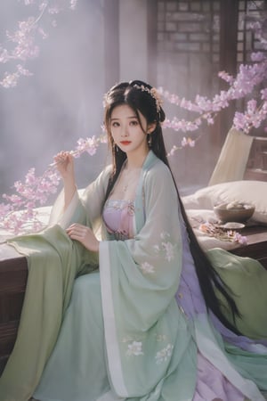 (masterpiece, best quality:1.2),1girl, solo, long hair, black hair,Hairpins,necklace, hair ornament, dress, full body, (huge breasts:2.19), (full breasts:1.69),flower, earrings, indoors, hair bun, (light purple-green dress:1.29),(Tube top Hanfu long skirt:1.1), pillow, bed, night, chinese clothes, table, branch,daxiushan, ,daxiushan style,(huge breasts:2.39), (full breasts:1.79), realistic,hanfu, daxiushan,Shoulders are exposed, , daxiushan, arien_hanfu, FilmGirl,,Xyunxiao,weijin_hanfu,Xningyudie