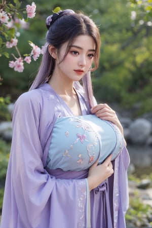 (masterpiece, best quality:1.2), highres, extremely detailed, 1 girl, purple hair, eye highlights,BREAK,(light purple hanfu dress:1.39), frills, outdoors, flower, fluttering petals, upper body, depth of field,pastel color, Depth of field,garden of the sun,shiny,flowers, garden, 1girl, butterfly style, butterflies, ultra detailed, glary,Light, light particles,glitter,reflect,,(big breasts:1.69),Xyunxiao,(full moon:1.29),waterfall 