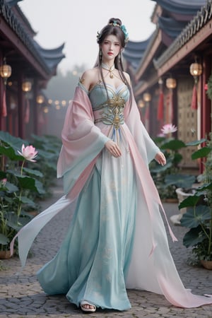 1girl,solo ,XxiaoxunerX,Hanfu girl, lotus, Yunnan ancient town street,Xqinhanfu,Xhuijin,Xhuolinger