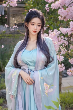 (masterpiece, best quality:1.2), highres, extremely detailed, 1girl, purple hair, eye highlights,BREAK,(light color hanfu dress:1.39), frills, outdoors, flower, fluttering petals, upper body, depth of field,pastel color, Depth of field,(garden of the sun,shiny,flowers, garden, 1girl, butterfly style, butterflies:1.23), ultra detailed, glary,Light, light particles,glitter,reflect,(big breasts:1.69),Xyunxiao,(full moon:1.39),waterfall 