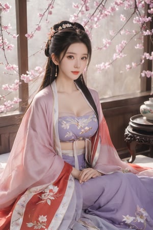 (masterpiece, best quality:1.2),1girl, solo, long hair, black hair,Hairpins,necklace, hair ornament, dress, full body, (huge breasts:2.29), (full breasts:1.69),flower, earrings, indoors, hair bun, (light purple-red dress:1.29),(Tube top Hanfu long skirt:1.1), pillow, bed, night, chinese clothes, table, branch,daxiushan, ,daxiushan style,(huge breasts:2.39), (full breasts:1.79), realistic,hanfu, daxiushan,Shoulders are exposed, , daxiushan, arien_hanfu, FilmGirl,,Xyunxiao,weijin_hanfu,Xningyudie