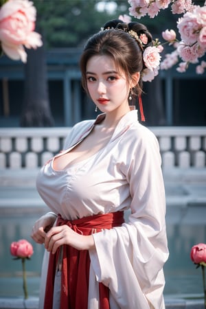 Masterpiece, Best Quality,young and beautiful Chinese girl wearing a cheongsam with coiled hair,wearing vintage Chinese earrings, (big breasts:1.45),1girl, half, (Masterpiece:1.2), best quality,arien_hanfu, 1girl, (spring scene:1.59), (red hanfu dress:1.52),looking_at_viewer, (big breasts:1.69),Young beauty spirit,(The background is the Forbidden City1.39),Xyunxiao,(Large aperture, blurred background, spring scene, peony flowers:1.39)