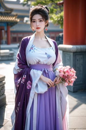 Masterpiece, Best Quality,young and beautiful Chinese girl wearing a cheongsam with coiled hair,wearing vintage Chinese earrings, (big breasts:1.39),1girl, half, (Masterpiece:1.2), best quality,arien_hanfu, 1girl, (pink flowers:1.29), (purple hanfu dress:1.29),looking_at_viewer, , (big breasts:1.53),Young beauty spirit,（The background is the Forbidden City1.39）,Xyunxiao