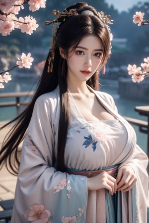 (masterpiece, best quality:1.2), highres, extremely detailed, 1girl, purple hair, eye highlights,BREAK,(light pink hanfu dress:1.39), frills, outdoors, flower, fluttering petals, upper body, depth of field,pastel color, Depth of field,(garden of the sun,shiny,flowers, garden, 1girl, butterfly style, butterflies:1.23), ultra detailed, glary,Light, light particles,glitter,reflect,(big breasts:1.69),Xyunxiao,(full moon:1.39),waterfall 