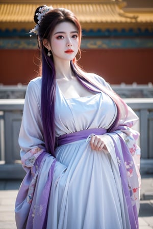 Masterpiece, Best Quality,young and beautiful Chinese girl wearing a cheongsam with coiled hair,wearing vintage Chinese earrings, (big breasts:1.52),1girl, half, (Masterpiece:1.2), best quality,arien_hanfu, 1girl, (pink flowers:1.29), (purple hanfu dress:1.29),looking_at_viewer, , (big breasts:1.53),Young beauty spirit,（The background is the Forbidden City1.39）,Xyunxiao