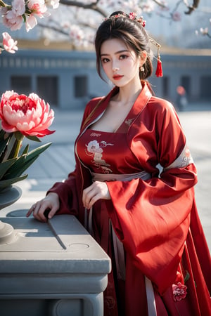 Masterpiece, Best Quality,young and beautiful Chinese girl wearing a cheongsam with coiled hair,wearing vintage Chinese earrings, (big breasts:1.45),1girl, half, (Masterpiece:1.2), best quality,red arien_hanfu, 1girl, (spring scene:1.59), (red hanfu dress:1.52),looking_at_viewer, (big breasts:1.69),Young beauty spirit,(The background is the Forbidden City1.39),Xyunxiao,(Large aperture, blurred background, spring scene, peony flowers:1.39)